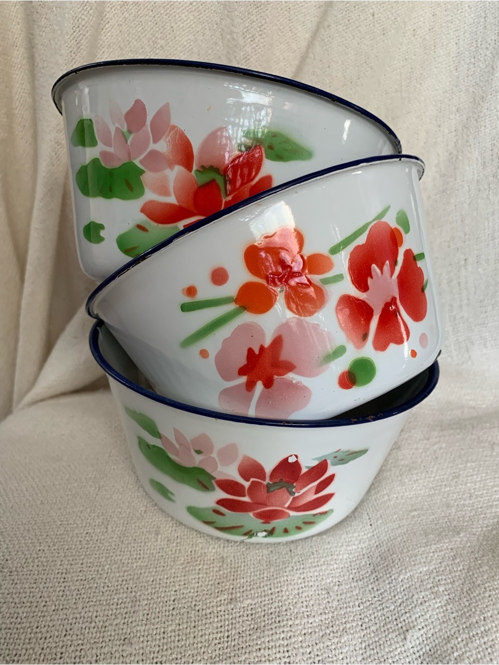 Vintage Diamond Supply Co. White Enamel Bowls with Florals x3